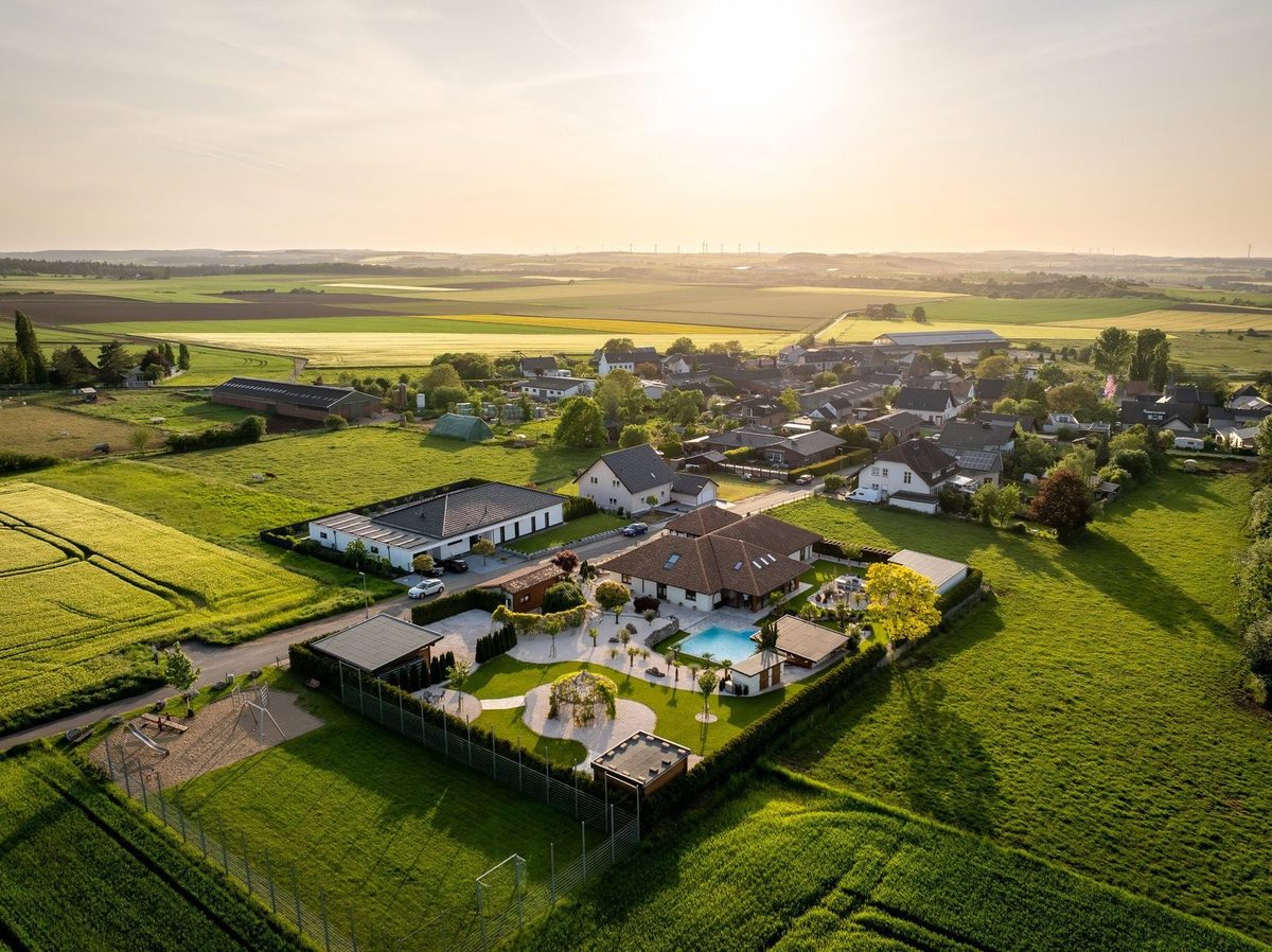 Wohnquartier aus der Luft bei Abendlicht